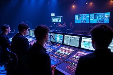 Technicians operating production tools for live event